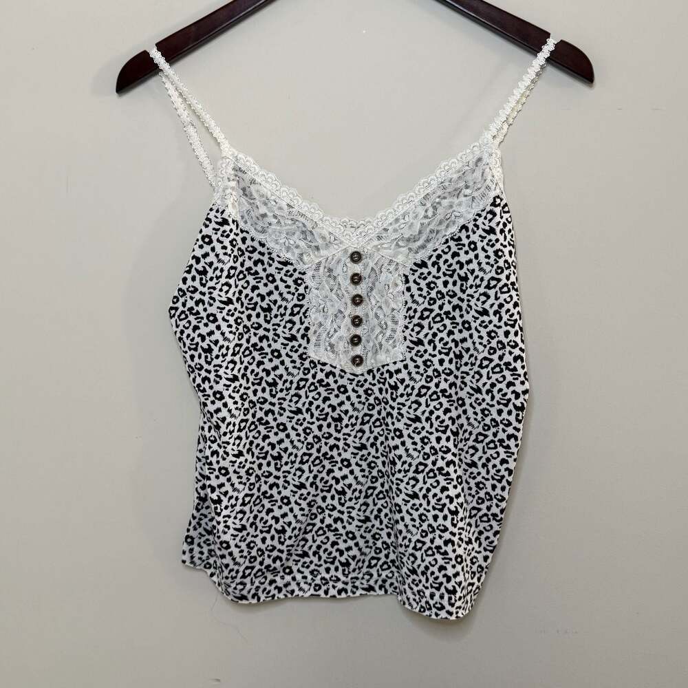 POL Clothing Leopard Print Lace Trim Button-Front Cami Tank Top